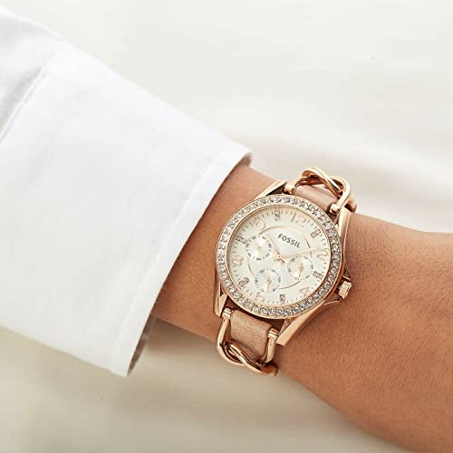 Fossil Women's Riley Quartz Stainless Steel and Leather Multifunction Watch, Color: Rose Gold, Sand (Model: ES3466)