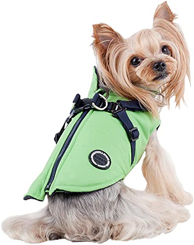 Puppia Mountaineer Winter Dog Coat with integrated harness No Pull Cold Weather Waterproof Warm Fleece Back Zipper for Small and Medium Dog, GREEN, Large