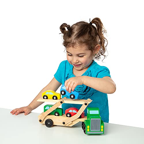 Melissa and Doug Car Carrier Truck and Cars Wooden Toy Set With 1 Truck and 4 Cars - Wooden Cars, Vehicle Toys, Push And Go Wooden Trucks For Toddlers And Kids Ages 3+