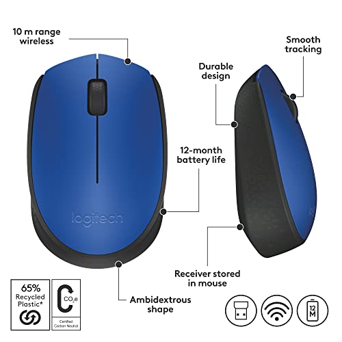 Logitech M170 Wireless Mouse for PC, Mac, Laptop, 2.4 GHz with USB Mini Receiver, Optical Tracking, 12-Months Battery Life, Ambidextrous - Blue