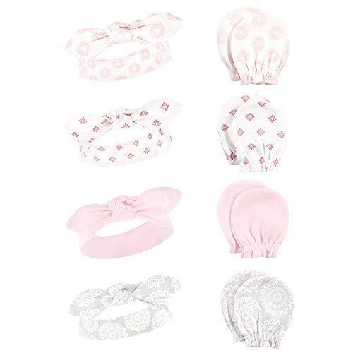 Hudson Baby Infant Girl Cotton Headband and Scratch Mitten Set Lace Medallion, 0-6 Months