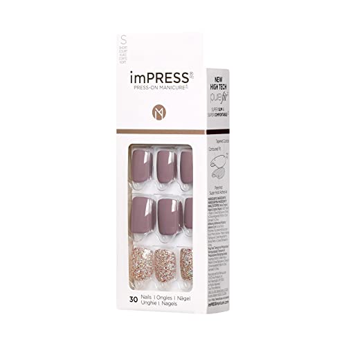KISS imPRESS Press-On Manicure, Nail Kit, PureFit Technology, Short Press-On Nails, Square, Flawless, Includes Prep Pad, Mini File, Cuticle Stick, and 30 Fake Nails