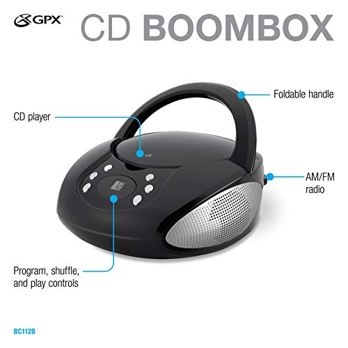 GPX, Inc. Portable Top-Loading CD Boombox with AM/FM Radio and 3.5mm Line In for MP3 Device - Black, Single