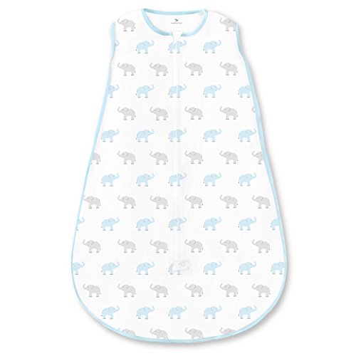 Amazing Baby Cotton Sleeping Sack, Wearable Blanket with 2-way Zipper, Pastel Blue + Gray Tiny Elephants, Large (12-18mo)