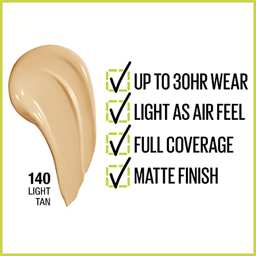 Maybelline Super Stay Full Coverage Liquid Foundation Active Wear Makeup, Up to 30Hr Wear, Transfer, Sweat and Water Resistant, Matte Finish, Light Tan, 1 Count