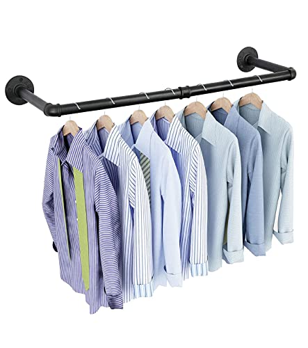 OROPY Industrial Pipe Clothes Rack 38.4', Heavy Duty Detachable Wall Mounted Black Iron Garment Bar, Multi-purpose Hanging Rod for Closet Storage, Black (Two Base)