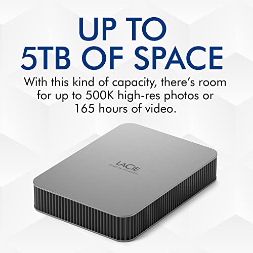 LaCie Mobile Drive 2TB External Hard Drive Portable HDD - Moon Silver, USB-C 3.2, for PC and Mac, Post-Consumer Recycled, with Adobe All Apps Plan and Rescue Services (STLP2000400)