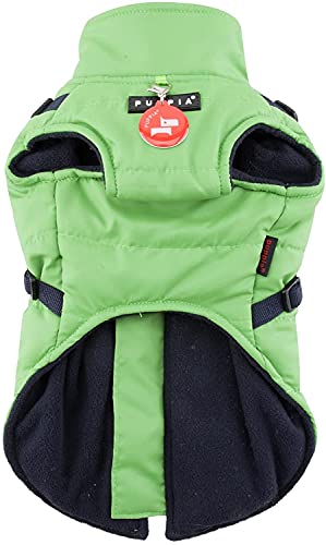 Puppia Mountaineer Winter Dog Coat with integrated harness No Pull Cold Weather Waterproof Warm Fleece Back Zipper for Small and Medium Dog, GREEN, Large
