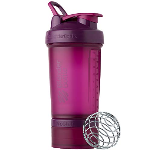 BlenderBottle Shaker Bottle with Pill Organizer and Storage for Protein Powder, ProStak System, 22-Ounce, Plum