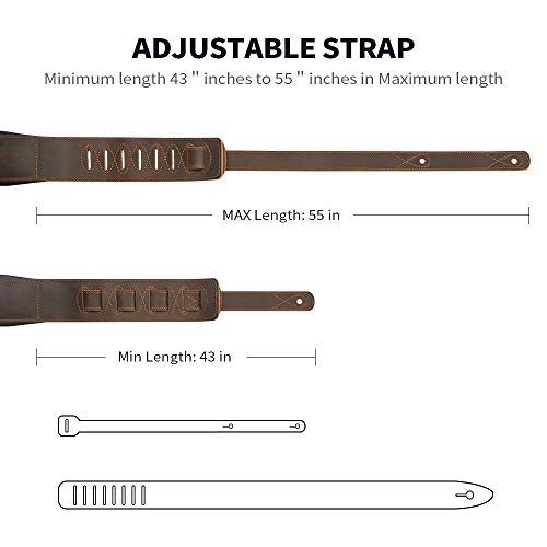 Rinastore Guitar Strap Leather 3 Inch Wide Full Grain Padded Soft Leather Strap for Acoustic, Electric and Bass Guitars (Whiskey Brown)