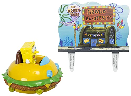 DecoSet® SpongeBob Square Pants Krabby Patty Cake Topper, 2-Piece Birthday Party Set with Rolling Car Figure for Fun After the Party, 3'H x 4.25'W