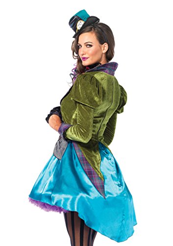 Leg Avenue 3 Piece Deluxe Mad Hatter Set-Sexy Velvet Coat Dress and Mini Top Hat Halloween Costume for Women, Multi, Small