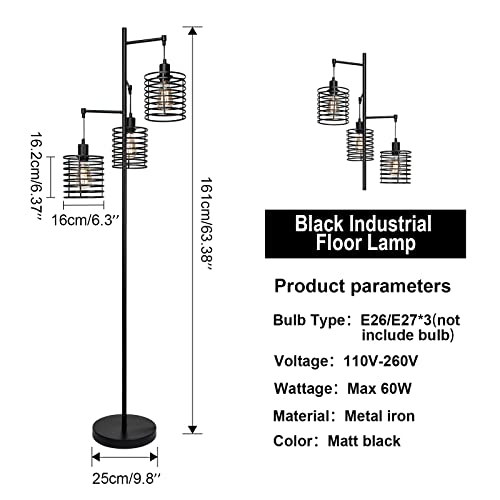 FIRVRE Modern Industrial Floor Lamp Black 3 Light Bright Vintage Pole Light Farmhouse Rustic Standing Tree Lamp with Elegant Cage Heads Tall Lamps for Living Room Bedroom Office Dining Room