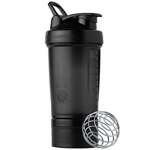BlenderBottle Shaker Bottle with Pill Organizer and Storage for Protein Powder, ProStak System, 22 Ounce, Midnight Black