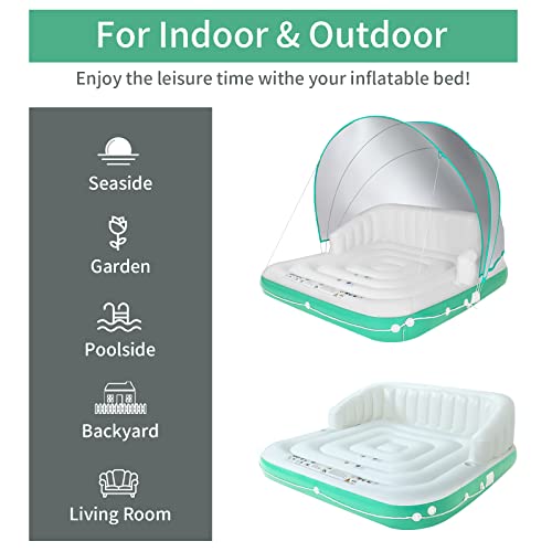 YUSING Inflatable Pool Floats, 2-3 Person Giant Pool Float Lounger with UPF50 Retractable Canopy and Cup Holder for Adults and Kids, Floating Island for Indoor and Outdoor