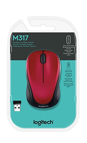 Logitech M317 Wireless Mouse, 2.4 GHz with USB Receiver, 1000 DPI Optical Tracking, 12 Month Battery, Compatible with PC, Mac, Laptop, Chromebook - Red