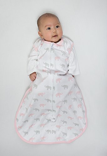 Amazing Baby Cotton Sleeping Sack, Wearable Blanket with 2-way Zipper, Pastel Pink + Gray Tiny Elephants, Medium (6-12 mo)