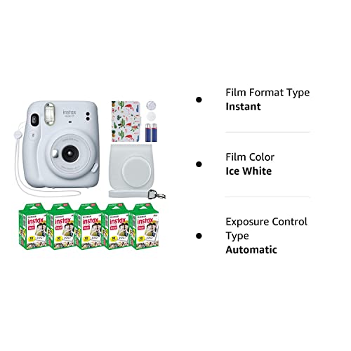 Fujifilm Instax Mini 11 Instant Camera Ice White + MiniMate Accessory Bundle and Compatible Custom Case + Fuji Instax Film Value Pack (50 Sheets) Flamingo Designer Photo Album