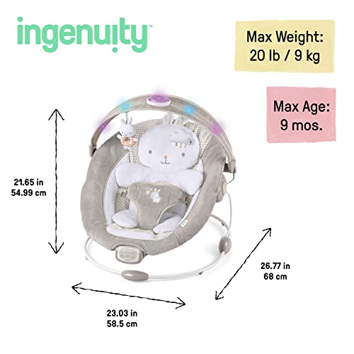 Ingenuity InLighten Baby Bouncer Infant Seat with Light Up Toy Bar, Vibrations, Tummy Time Pillow and Sounds, 0-6 Months Up to 20 lbs (Twinkle Tails Bunny)