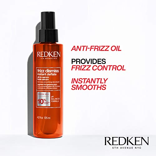 Redken Frizz Dismiss Instant Deflate Oil-In-Serum | For Frizzy Hair | Enhances Smoothness and Shine | With Babassu Oil | Sulfate Free | Packaging May Vary, 4.2 Fl Oz