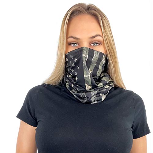 Neck Gaiter Face Mask Scarf - Proudly Made in The USA. Sun and Dust Protection, Sport, Bandanas for Fishing, Hiking, Cycling, Motorcycling, Running - Green Camo Flag and Red Stripe Flag