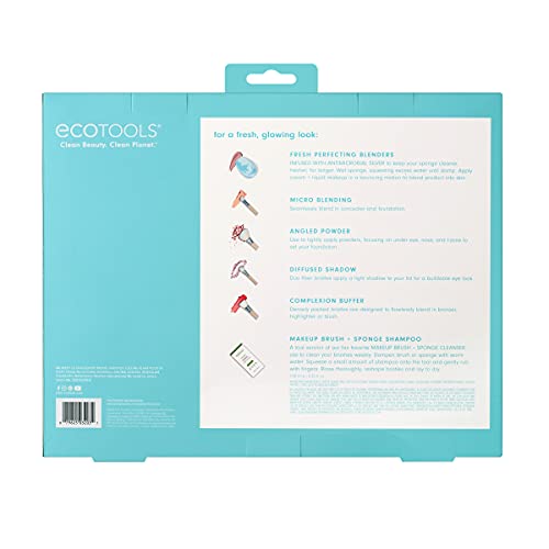 EcoTools Limited Edition Ready, Set, Glow Makeup Accessory and Cleansing Set, Blue, 6 Piece Makeup Tool Christmas Gift Set For Wife, Daughter, Or Girlfriend