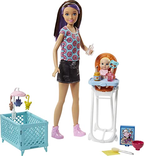 Barbie Toys, Skipper High Chair and Crib Playset with Skipper Doll, Color-Change Baby Doll, Furniture and Accessories, Babysitters Inc. Set [Amazon Exclusive]