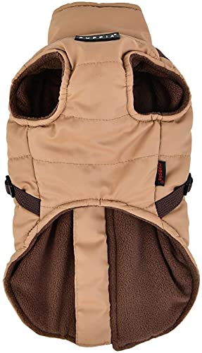 Puppia Mountaineer Winter Dog Coat with Integrated Harness No Pull Cold Weather Waterproof Warm Fleece Back Zipper for Small and Medium Dog, Beige, Medium