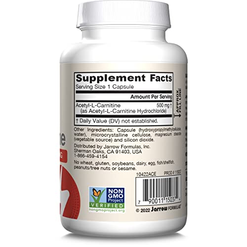 Jarrow Formulas Acetyl L-Carnitine 500 mg - Antioxidant Protection for The Brain - Supports Energy Production and Metabolism - Heart and Cardiovascular Health - 60 Veggie Capsules (Packaging May Vary)