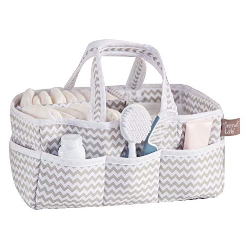 Dove Gray Chevron Storage Caddy - Chevron Print Body, Handles and Lining, Gray and White Trim, Gray and White, Two Handles, 12 in x 6 in x 8 in
