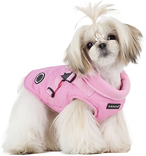 Puppia Mountaineer Winter Dog Coat with integrated harness No Pull Cold Weather Waterproof Warm Fleece Back Zipper for Small and Medium Dog, PINK, Medium