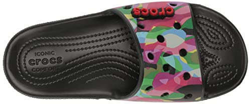 Crocs Unisex Classic Graphic Slide Sandals, Black/Multi, 5 US Men