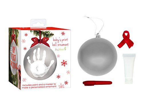Tiny Ideas Baby's Print 1st Holiday Keepsake Ball Ornament with Included Paint for Handprint, DIY Christmas Ornament, Silver