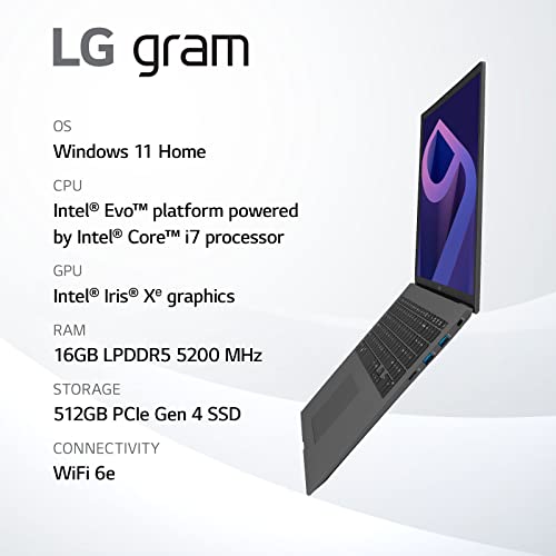 LG gram (2022) 14Z90Q Ultra Lightweight Laptop, 14' (1920 x 1200) IPS Display, Intel Evo 12th Gen i7 1260P Processor, 16GB LPDDR5, 512GB NVMe SSD, FHD Webcam, WiFi 6E, Thunderbolt 4, Windows 11, Gray