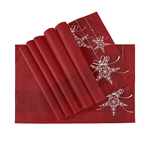 Placemats Elegance Christmas Snowflakes Dining Table Placemats Set of 6 Heat Resistant Kitchen Table Mats Washable Woven Linen-Like Polyester 18X12 Inch Red