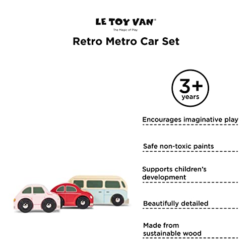 Le Toy Van - Cars and Construction Wooden Retro Metro Car Set Car Toy Play Set - Set 3 Cars | Boys Play Vehicle Kids Role Play Toys - Suitable for 3 Year Old + (TV463)