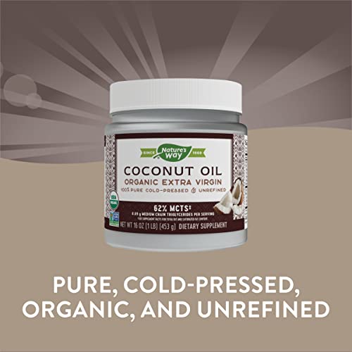 Nature's Way Organic Extra Virgin Coconut Oil, Pure and Unrefined, 62% MCTs, 16 Oz