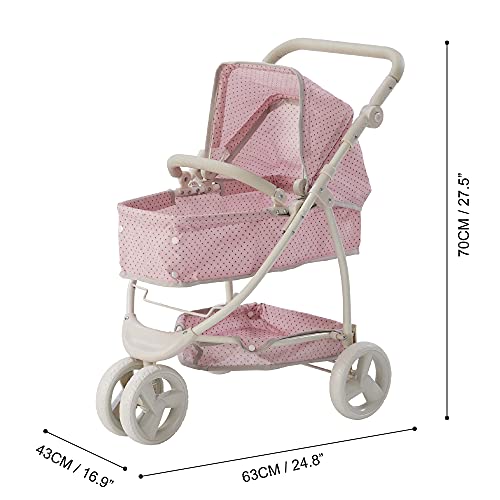 Olivia's Little World Baby Doll Stroller Polka Dots Princess Collection, Convertible Doll Pram with Storage Basket for 18' Dolls, Pink and Gray