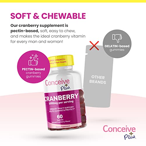 CONCEIVE PLUS Cranberry Gummies - 1000mg Strength Cranberry Gummy Vitamins, Urinary Health, 60 Gummy Count, 30 Day Supply