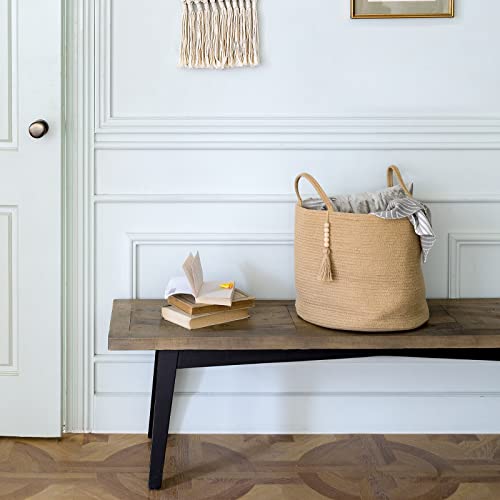 Mkono Woven Storage Basket Decorative Rope Basket Wooden Bead Decoration for Blankets,Toys,Clothes,Shoes,Plant Organizer Bin with Handles Living Room Home Decor, Jute, 16' W × 13.8'L