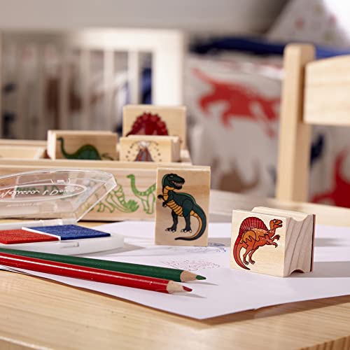 Melissa and Doug Wooden Stamp Set: Dinosaurs - 8 Stamps, 5 Colored Pencils, 2-Color Stamp Pad - Kids Arts And Crafts, Washable Ink Stamp Pads For Kids, Dinosaur Stamps For Kids Ages 4+