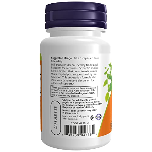 NOW Supplements, Silymarin Milk Thistle Extract 300 mg with Artichoke and Dandelion, Double Strength, Supports Liver Function*, 50 Veg Capsules
