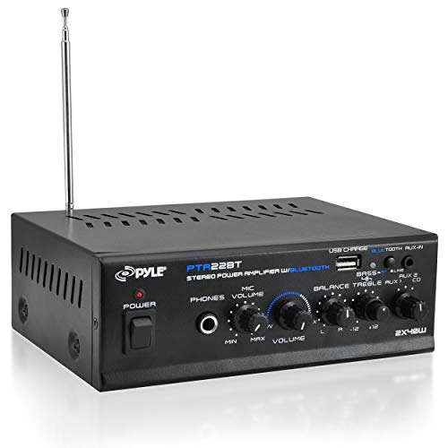 Pyle Bluetooth Mini Blue Series Home Audio Amplifier - Compact Desktop Home Theater-Stereo Amplifier Receiver with USB Charge Port - Pager and Mixer Karaoke Modes - Mic Input (40 Watt x 2) - PTA22BT