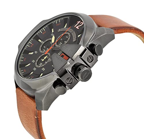 Diesel Men's 51mm Mega Chief Quartz Stainless Steel and Leather Chronograph Watch, Color: Gunmetal, Brown (Model: DZ4343)