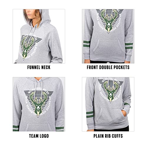 Ultra Game NBA Milwaukee Bucks Womens Soft Fleece Pullover Hoodie Sweatshirt With Varsity Stripe, Heather Gray, Small