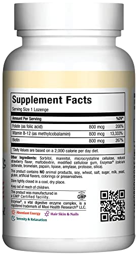 Vitamin B12 Lozenges with Folic Acid and Biotin - Sublingual B12 Vitamins Strawberry Flavor - Vegetarian Kosher B 12 Vitamin - Vit B12 Supplement for Red Blood Cell Production and Energy (90 Count)
