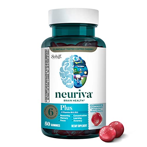 NEURIVA Plus Brain Supplement for Memory,Focus and Concentration+Cognitive Function with Vitamins B6 and B12 and Clinically Tested Nootropics Phosphatidylserine and Neurofactor,50ct Strawberry Gummies
