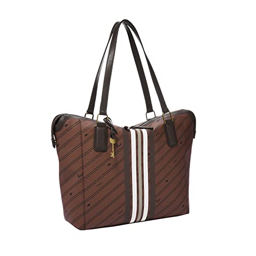 Fossil Women's Jacqueline Faux Leather Tote Bag Purse Handbag, Brown/Black Signature Print (Model: ZB1578199)
