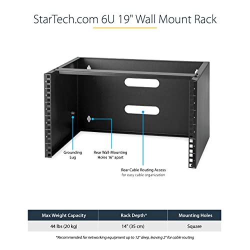 StarTech.com 6U Wall Mount Network Rack - 14 Inch Deep (Low Profile) - 19' Patch Panel Bracket for Shallow Server and IT Equipment, Network Switches - 44lbs/20kg Weight Capacity, Black (WALLMOUNT6)
