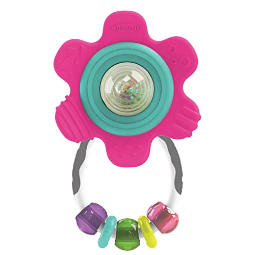 Infantino Spin and Teethe Gummy Pink Flower Rattle - Easy to Grab, Chewy Rings, Multi-Texutre Petals, Roller Ball Center - Teething and Sensory Play, Ages 0 Months +